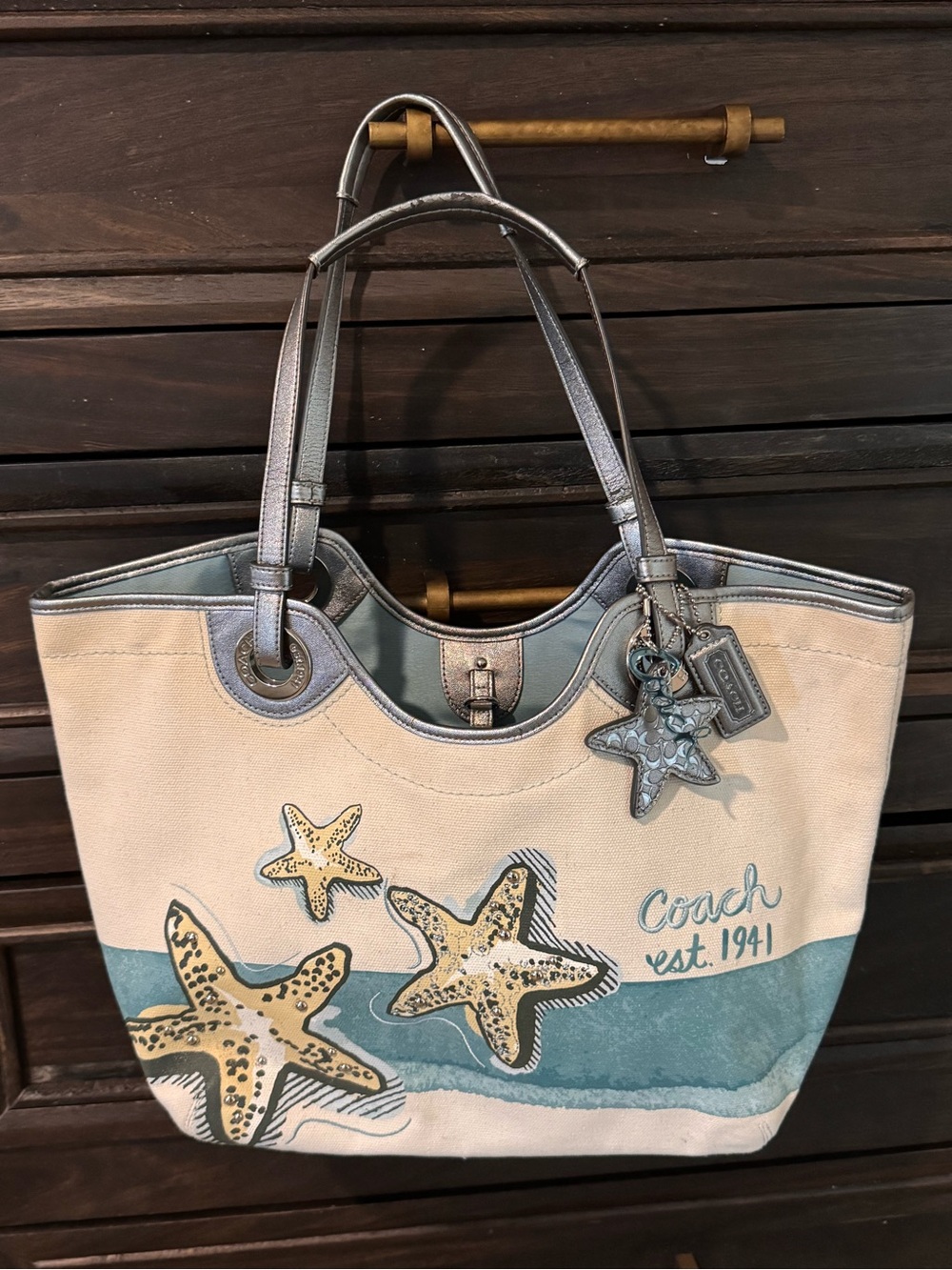 Rare Coach F19212 Starfish Beach Tote Canvas Teal Silver 2012 - Picture 3 of 15